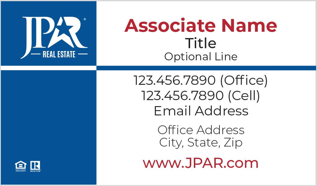 JPAR Real Estate business card with blue panel on left and information printed on right in your choice of colors and fonts